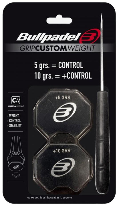 The Bullpadel Custom Weight Padel Grip Plates set includes +5g and +10g grip plates and a black-handled tool, allowing you to easily fine-tune your padel racket’s balance and control.