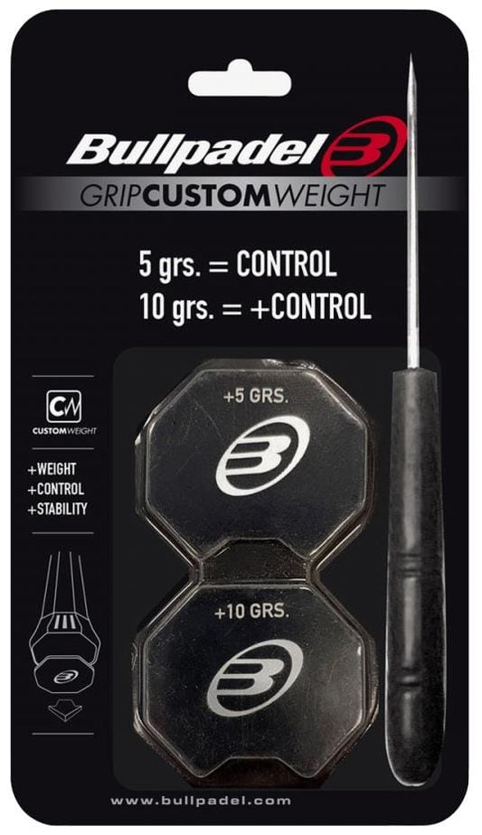 The Bullpadel Custom Weight Padel Grip Plates set includes +5g and +10g grip plates and a black-handled tool, allowing you to easily fine-tune your padel racket’s balance and control.