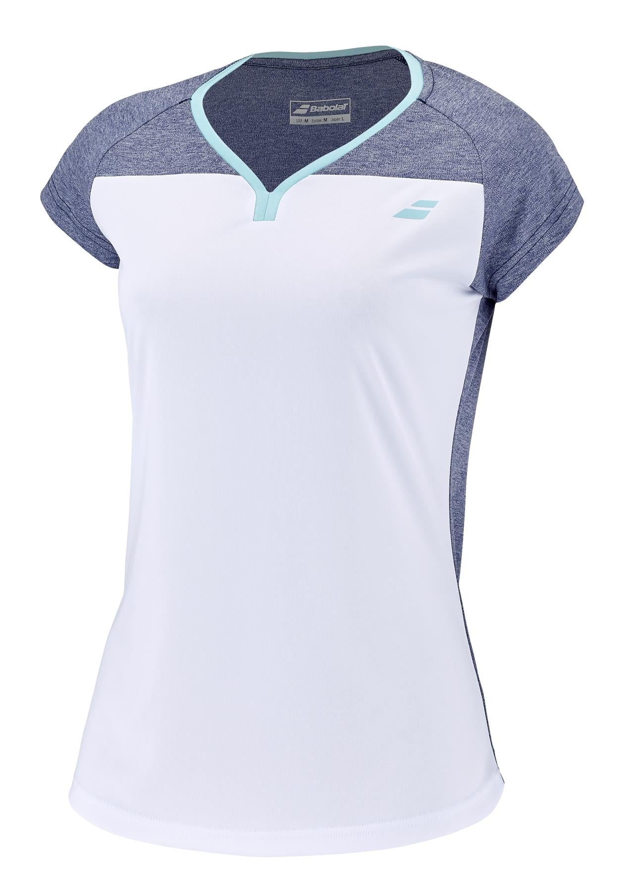 Introducing the Babolat Play Women's Padel Cap Sleeve Top, designed with a white front and light blue heather accent trim adorning the V-neck. The sleeves and sides are elegantly dark gray, featuring Babolat's small logo on the left chest. This top is crafted for performance with Fiber Dry technology.