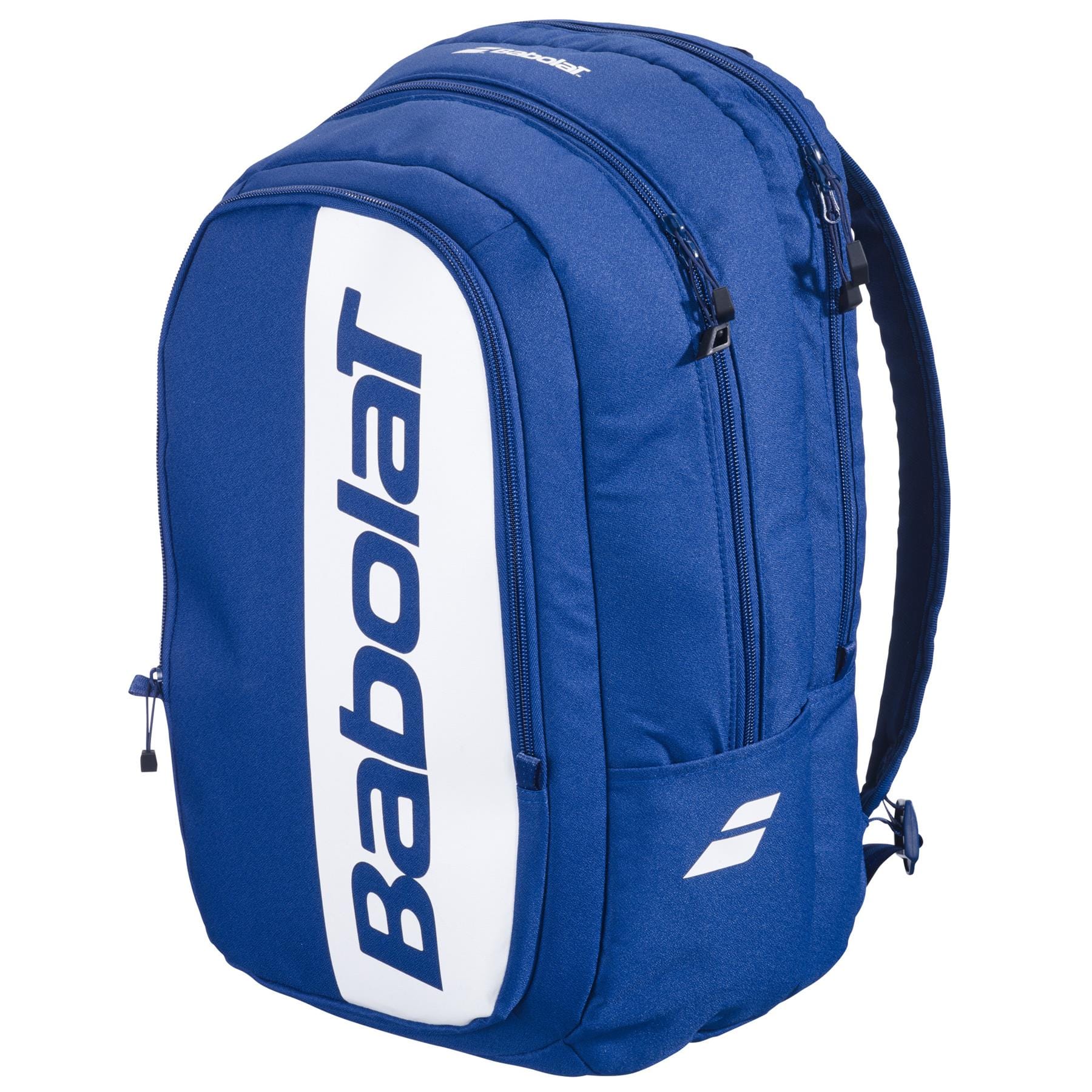 The Babolat Court Hero Padel Backpack in dark blue features two zip compartments, a white front panel with the bold Babolat logo, a side pocket icon, and is made from recycled PET materials.