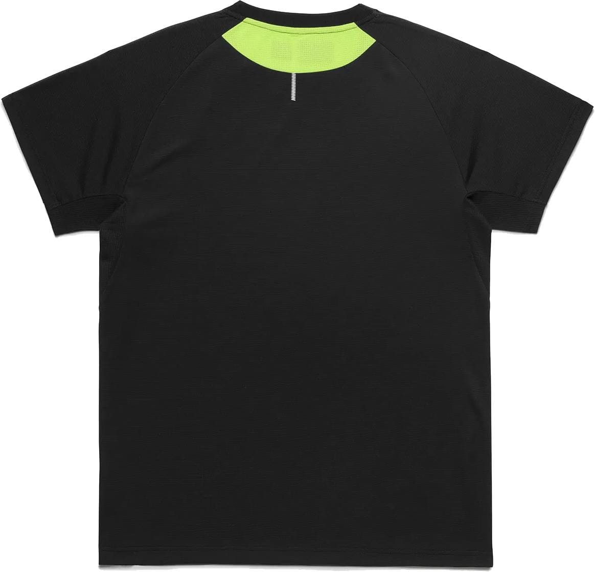 The Yonex 10711YX Crew Neck Mens Padel T-Shirt in black is shown laid flat, back up. It features a neon yellow inner crew neck, a small vertical reflective strip below the collar, and is made from performance fabric for comfort.
