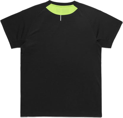 The Yonex 10711YX Crew Neck Mens Padel T-Shirt in black is shown laid flat, back up. It features a neon yellow inner crew neck, a small vertical reflective strip below the collar, and is made from performance fabric for comfort.