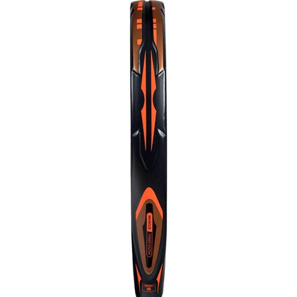 A top view of the adidas Arrow Hit Carbon CTRL 2026 padel racket in black and orange, showcasing sleek angular designs along the sides and the adidas logo near the handle for an advanced padel experience.