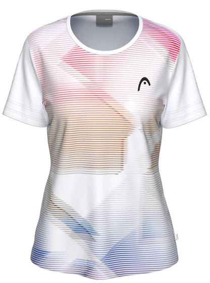 The HEAD Tie-Break II Womens Padel T-Shirt - LBXW is a white, short-sleeve women’s tee featuring a round neck, moisture-wicking fabric, geometric pink, tan, and blue pattern, and a small black HEAD logo on the left chest.