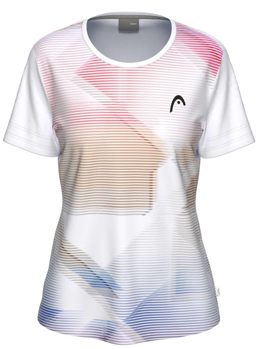 The HEAD Tie-Break II Womens Padel T-Shirt - LBXW is a white, short-sleeve women’s tee featuring a round neck, moisture-wicking fabric, geometric pink, tan, and blue pattern, and a small black HEAD logo on the left chest.