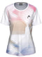 The HEAD Tie-Break II Womens Padel T-Shirt - LBXW is a white, short-sleeve women’s tee featuring a round neck, moisture-wicking fabric, geometric pink, tan, and blue pattern, and a small black HEAD logo on the left chest.