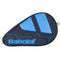 The Babolat Padel Racket Cover in black and blue boasts a prominent logo, a zipper along its curved edge, and an adjustable shoulder strap for convenient carrying.