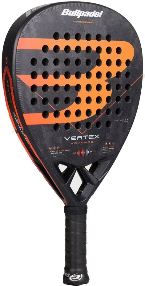 The Bullpadel Vertex Advance 2026 Padel Racket features a black and orange design, textured surface, triangular holes, thick black handle, and visible Bullpadel branding on the face and neck. Ideal for powerful attacking play.