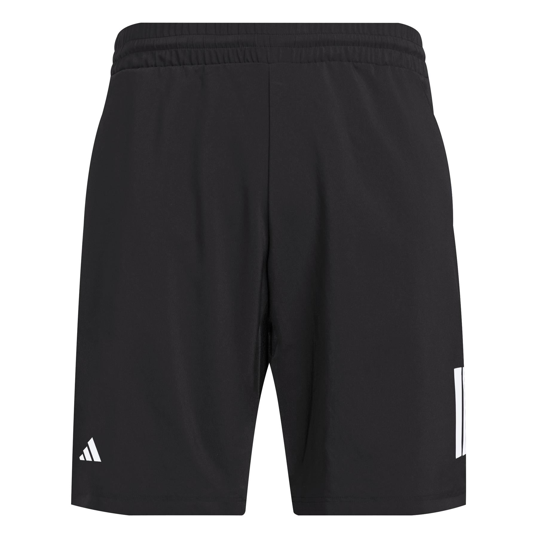 These black ADIDAS Men's 3 Stripe Padel Shorts feature a small white Adidas logo on the left thigh, a white number 11 on the right, and are designed with an elastic waistband and moisture-wicking fabric for comfort. Perfect for high-performance play.