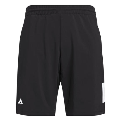 These black ADIDAS Men's 3 Stripe Padel Shorts feature a small white Adidas logo on the left thigh, a white number 11 on the right, and are designed with an elastic waistband and moisture-wicking fabric for comfort. Perfect for high-performance play.