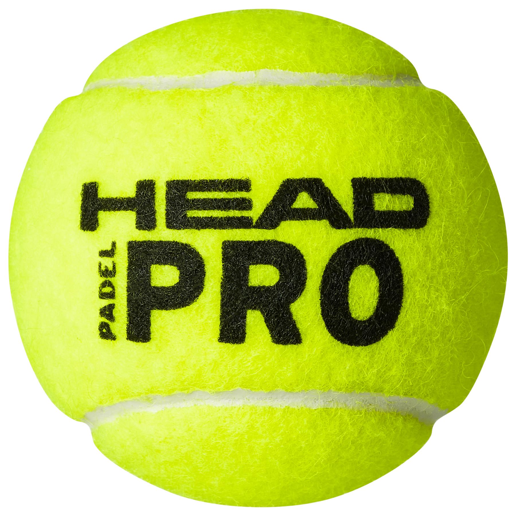 A vibrant yellow padel ball from the "HEAD Padel Pro" line features the brand name boldly in black, with "PADEL" subtly on its side. These tournament balls have a slightly fuzzy texture and visible seams, making them perfect for competitive play.