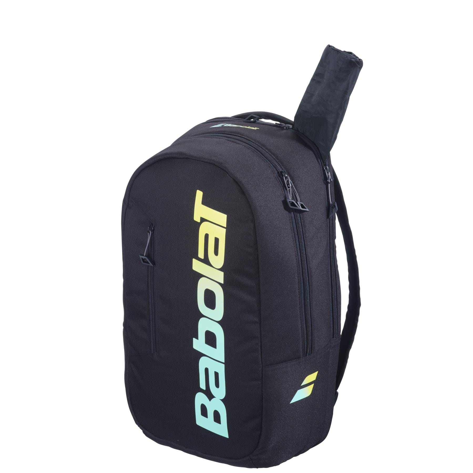 The Babolat Court Lite Padel Backpack - Black / Multi features a dedicated racket compartment with a tennis racket handle sticking out, and the large yellow Babolat logo displayed on the stylish front.