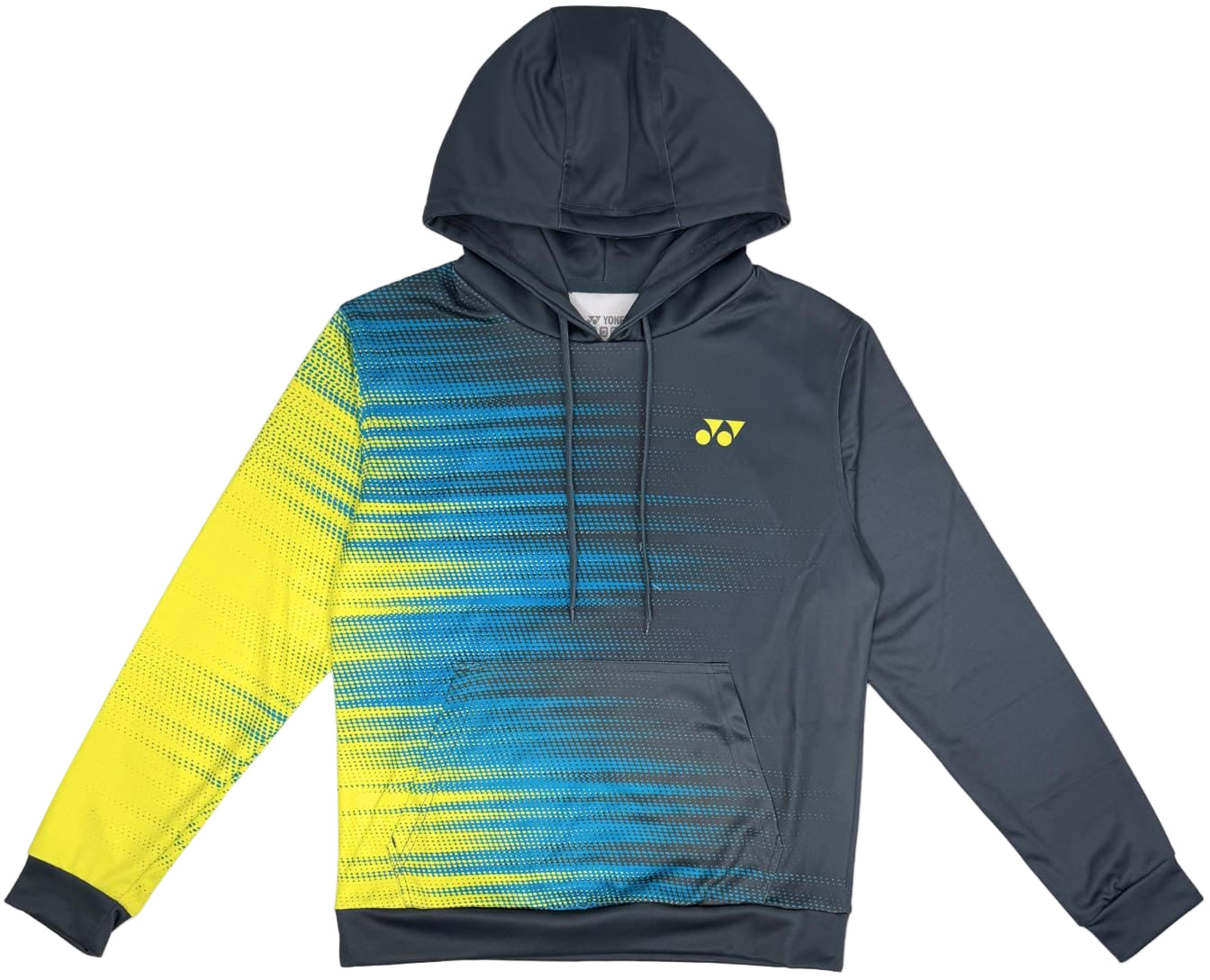 The Yonex YHD2025 Unisex Padel Hoodie in teal and lime features a front pocket, gradient dotted pattern on one sleeve and chest, a small yellow logo, and is made from soft Poly-Tech Knit fabric for comfort.