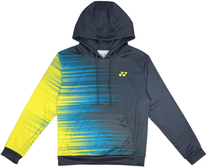 The Yonex YHD2025 Unisex Padel Hoodie in teal and lime features a front pocket, gradient dotted pattern on one sleeve and chest, a small yellow logo, and is made from soft Poly-Tech Knit fabric for comfort.