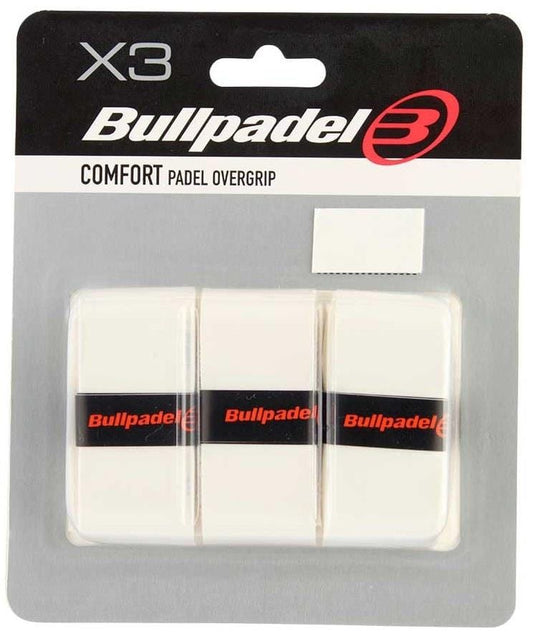 The Bullpadel GB-1200 Padel Overgrips - White come in a clear plastic case with three individually wrapped, white overgrips. Each features a black Bullpadel label for branding and excellent absorbency.