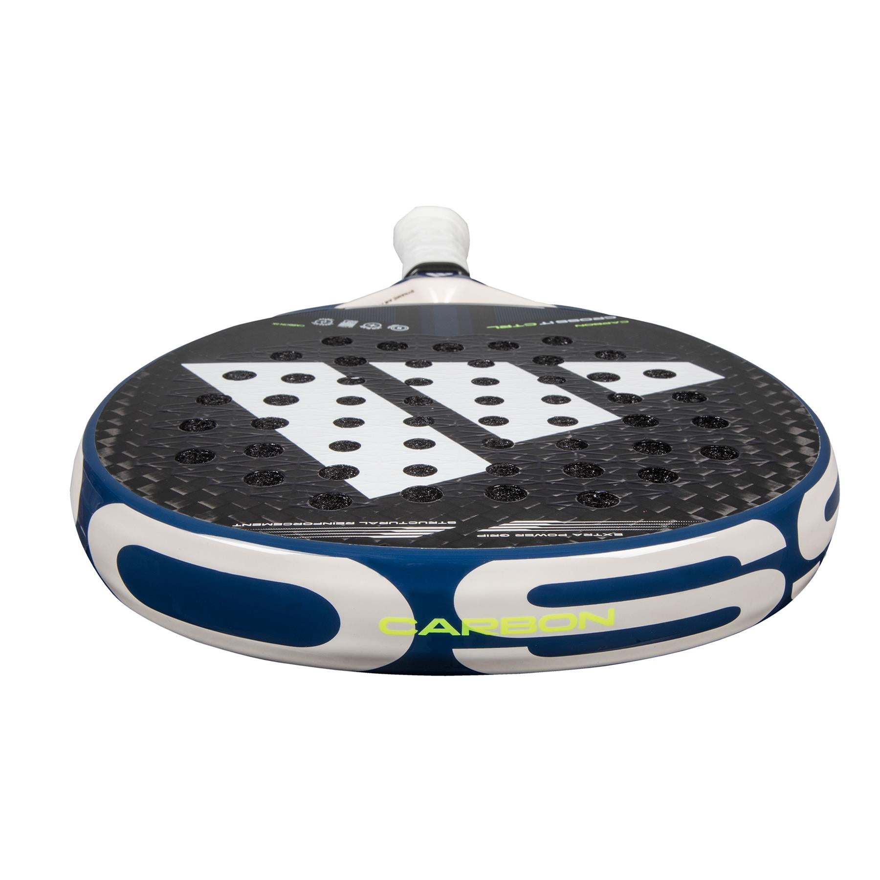 The ADIDAS Cross It Carbon CTRL Padel Racket in black and blue features Carbon 6K for superior control, a perforated surface with the adidas logo, and a white grip tape handle highlighting "CARBON" in yellow.