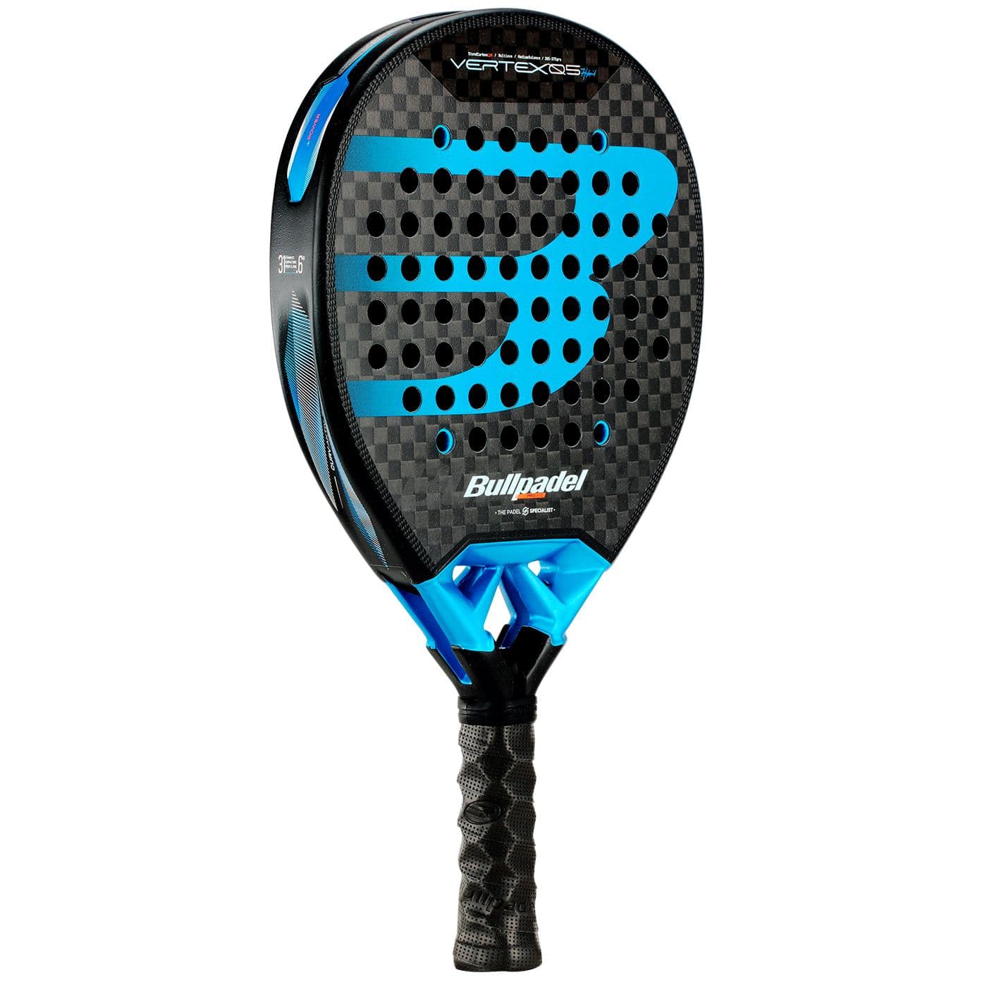 The Bullpadel Vertex 05 Hybrid 2026 Padel Racket in black and blue features a carbon fiber pattern, hybrid shape, large "B" logo, circular perforations, and a textured grip handle.