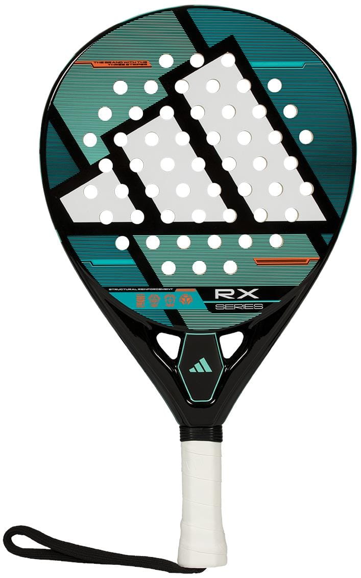The adidas RX Series 2026 Padel Racket - Black / Green is an intermediate racket featuring a white grip, patterned face, wrist strap, and Smart Holes Lineal technology in its geometric design.