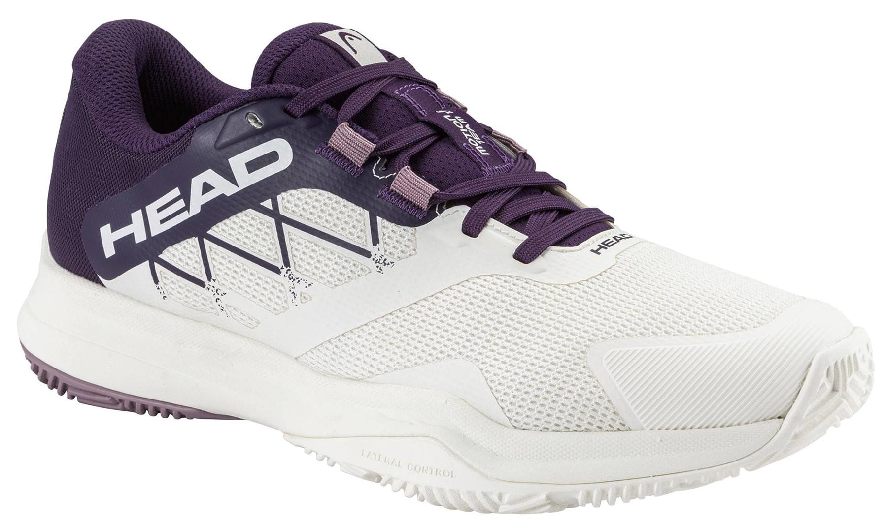 The HEAD Motion Team 1.5 Womens Padel Shoes in Chalk White/Purple feature mesh panels, a textured sole, patterned laces, and HEAD branding—ideal footwear inspired by the World Padel Tour.
