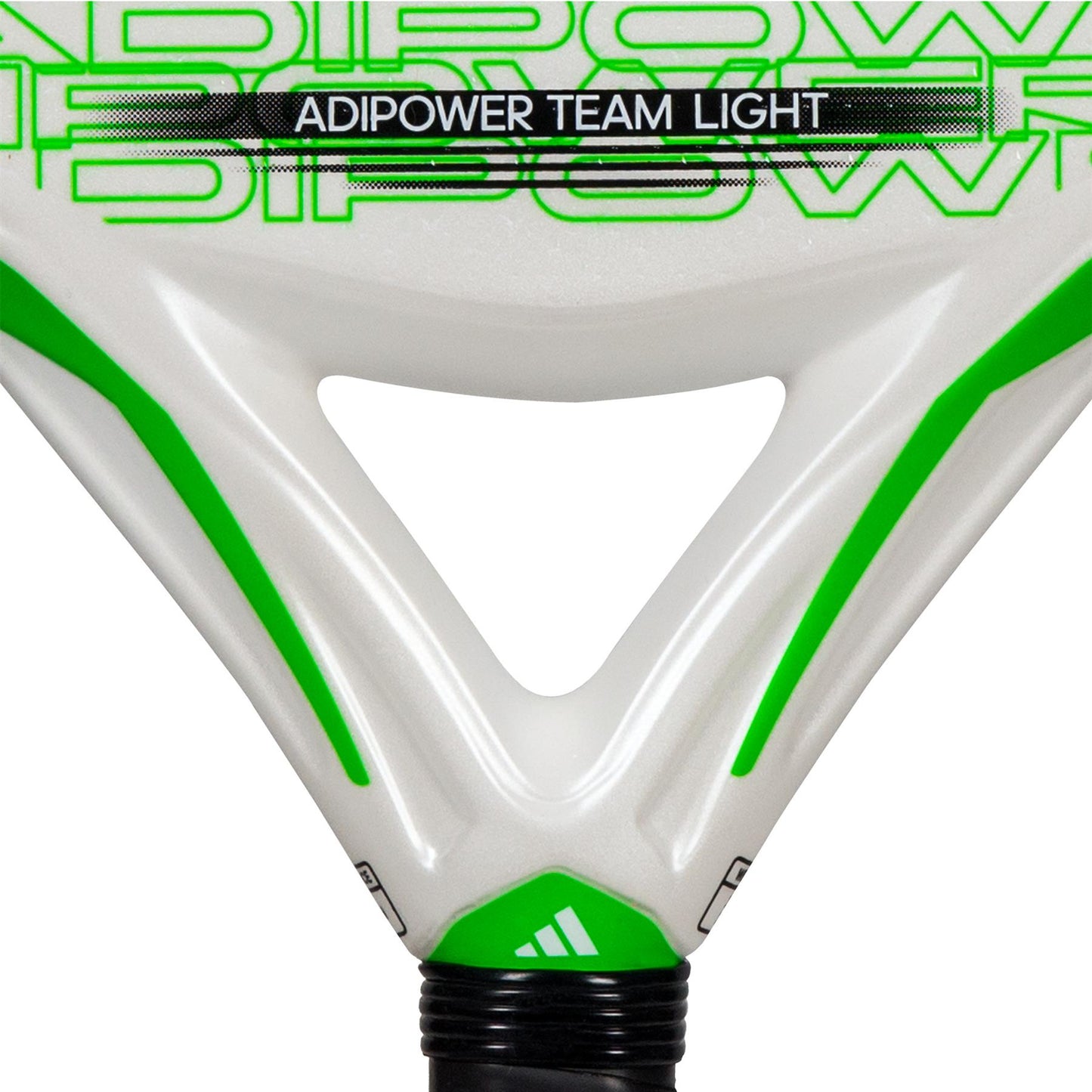 Here's a close-up of the ADIDAS Adipower Team Light 3.3 Padel Racket, an ideal choice for intermediate players. Featuring a sleek white and green design, it prominently displays "ADIPOWER TEAM LIGHT" on its surface along with a small green adidas logo on the handle.