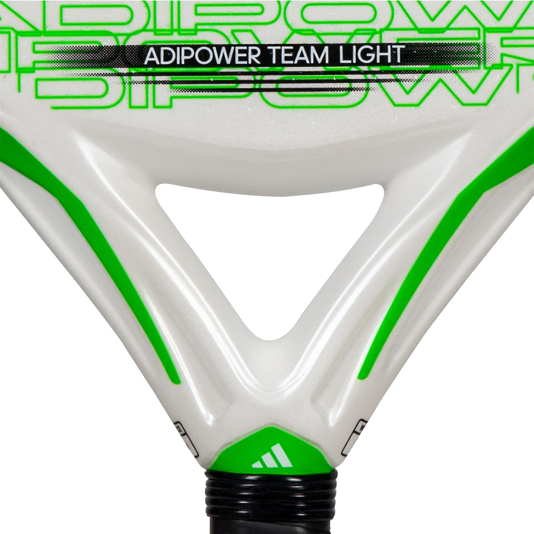 Here's a close-up of the ADIDAS Adipower Team Light 3.3 Padel Racket, an ideal choice for intermediate players. Featuring a sleek white and green design, it prominently displays "ADIPOWER TEAM LIGHT" on its surface along with a small green adidas logo on the handle.