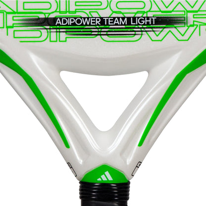 Here's a close-up of the ADIDAS Adipower Team Light 3.3 Padel Racket, an ideal choice for intermediate players. Featuring a sleek white and green design, it prominently displays "ADIPOWER TEAM LIGHT" on its surface along with a small green adidas logo on the handle.