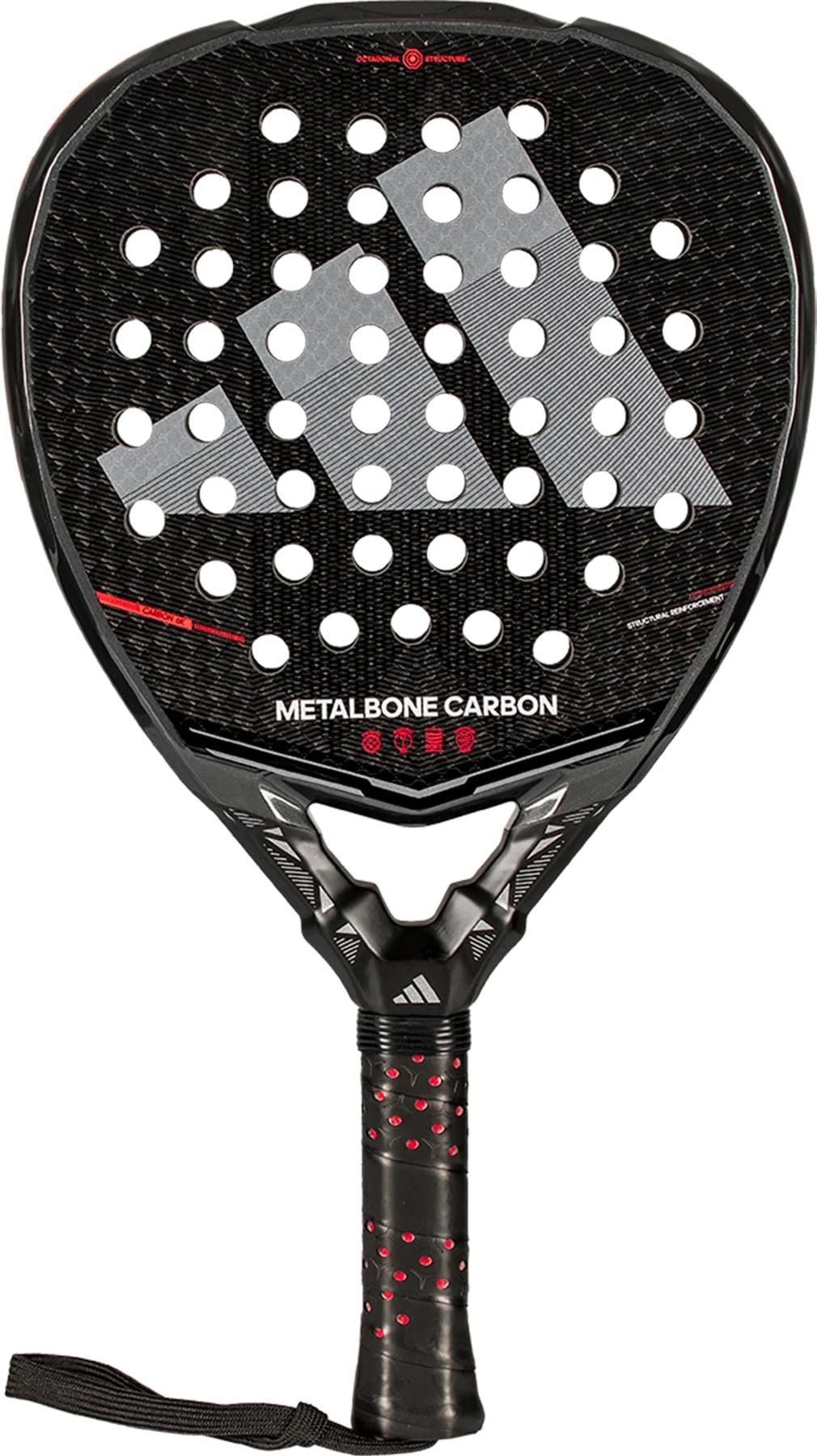 The adidas Metalbone Carbon 2026 Padel Racket features a black carbon fiber texture, large adidas logo, round holes, and "METALBONE CARBON" text. Designed for advanced players with a black grip handle accented in red.