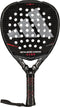 The adidas Metalbone Carbon 2026 Padel Racket features a black carbon fiber texture, large adidas logo, round holes, and "METALBONE CARBON" text. Designed for advanced players with a black grip handle accented in red.