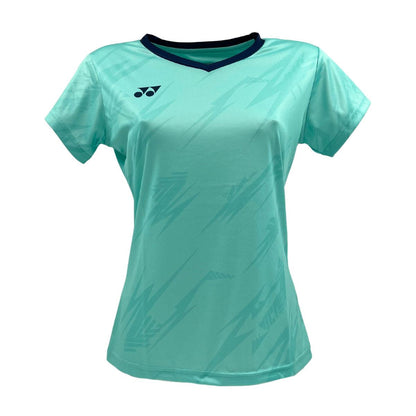 The Yonex YTL8 Women's Padel T-Shirt in mint and navy is a moisture-wicking polyester sports jersey for women. It has short sleeves, a dark blue V-neck collar, subtle abstract patterns, and a small logo on the left chest for optimal performance.