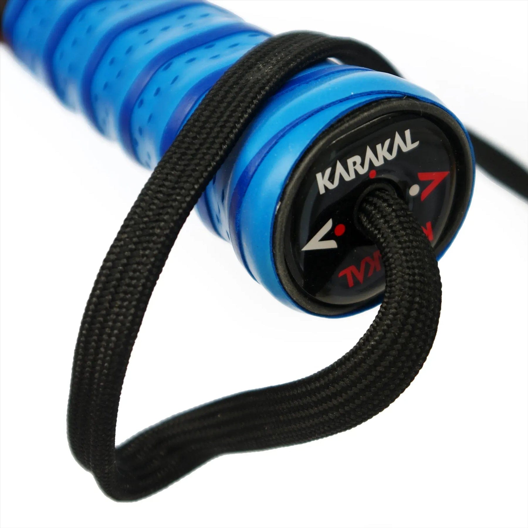 Close-up of the Karakal Air Lite 345 Blue Padel Racket handle with a black cord. The blue end cap displays the Karakal brand name and directional arrows in white and red.