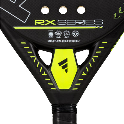 Close-up of the ADIDAS RX Series Lime 3.4 padel racket in black and lime, designed for intermediates. Features "Soft Performance," "Structural Reinforcement," geometric patterns, the RX Series text, and a logo near the handle.