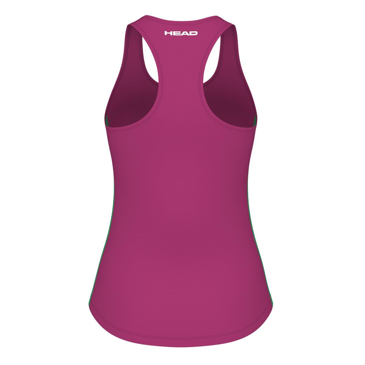 The HEAD Spirit Women's Padel Tank Top in Vivid Pink is a sleeveless top featuring a racerback design, crafted with moisture transfer microfibre and MXM technology. The word "HEAD" is printed near the back neckline.