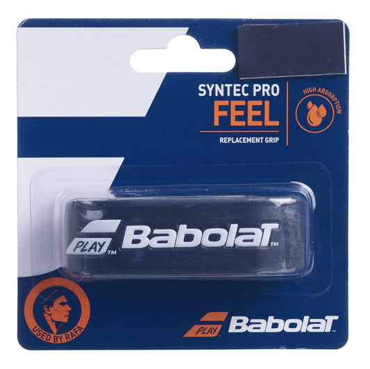 The packaging of the Babolat Syntec Pro X1 Replacement Padel Grip - Black showcases its absorbent grip technology, complete with branding and product details. The design features an illustration of a tennis player, emphasizing high absorption for optimal performance.