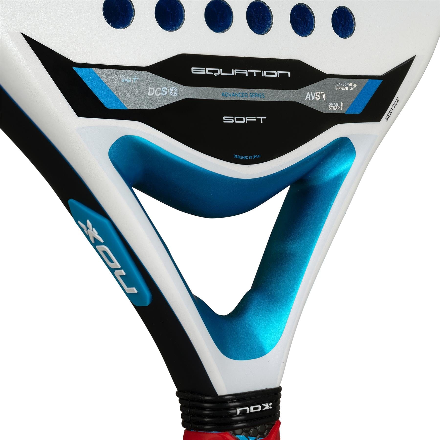 Close-up of the NOX Equation Soft Advanced 2026 Padel Racket by NOX, showing its white and blue design with "EQUATION," "SOFT," technical details, an anti-vibration frame system, and a partially visible grip at the bottom.