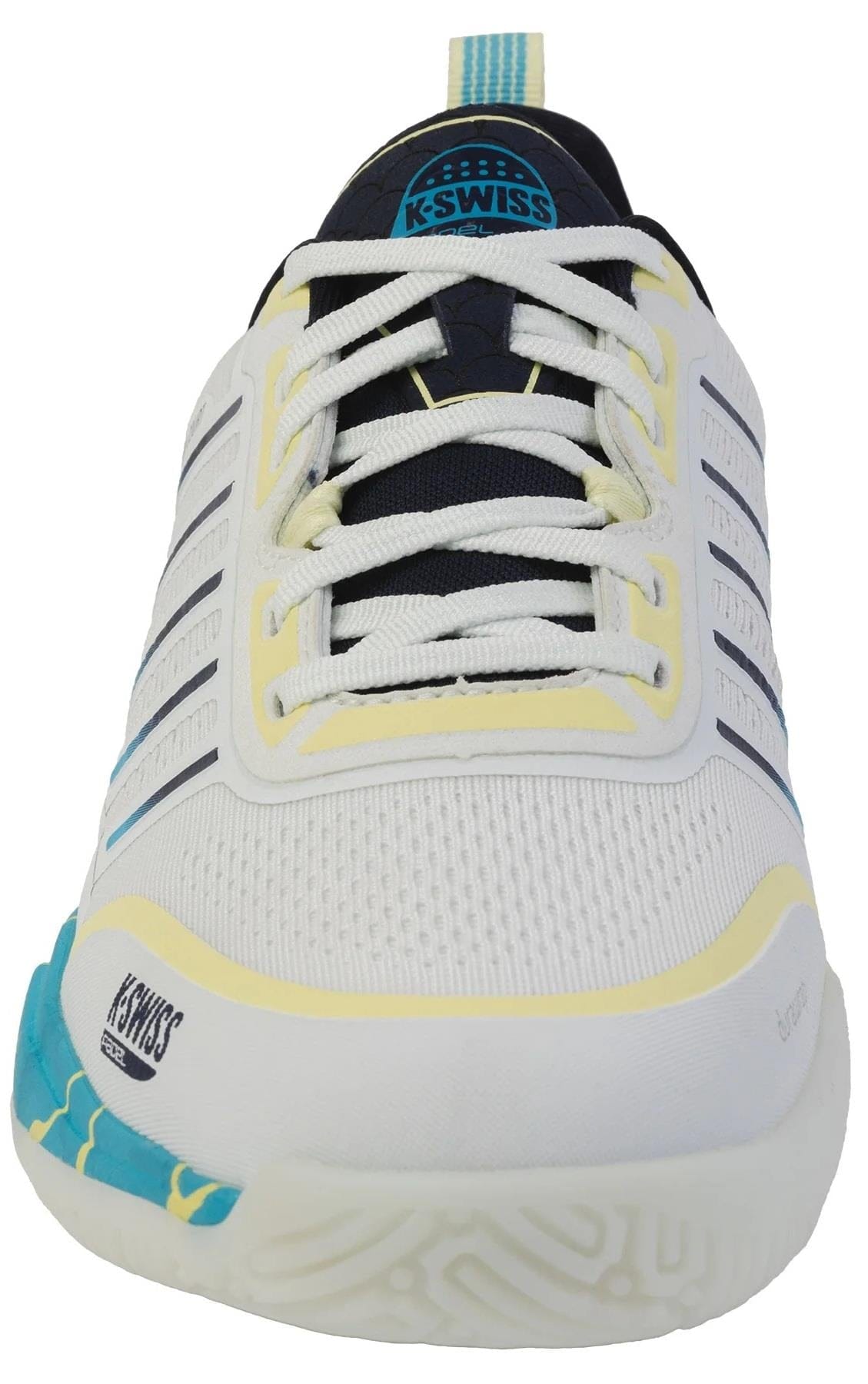 The K-Swiss Ultra Court Mens Padel Shoes in Bit Of Blue/Sanyo Navy/Sanyo Blue feature white uppers, blue and yellow accents, white laces, a textured rubber sole, cushioned midsole, and the K-Swiss logo on the tongue and side.