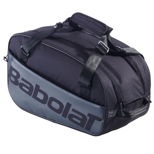 The Babolat Court S Padel Racket Bag in black features adjustable shoulder straps, a spacious zippered compartment, and bold "Babolat" branding on the side—perfect for carrying your padel gear.