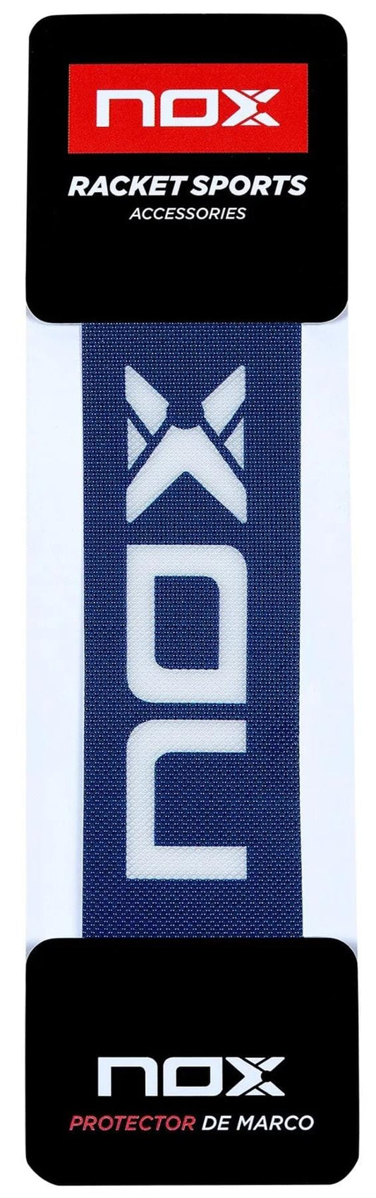 The NOX Protector Padel Racket Protection Strip - Blue features a blue band with the white NOX logo, black NOX and "Protector de Marco" labels, and a durable strip with reliable 3M adhesive.