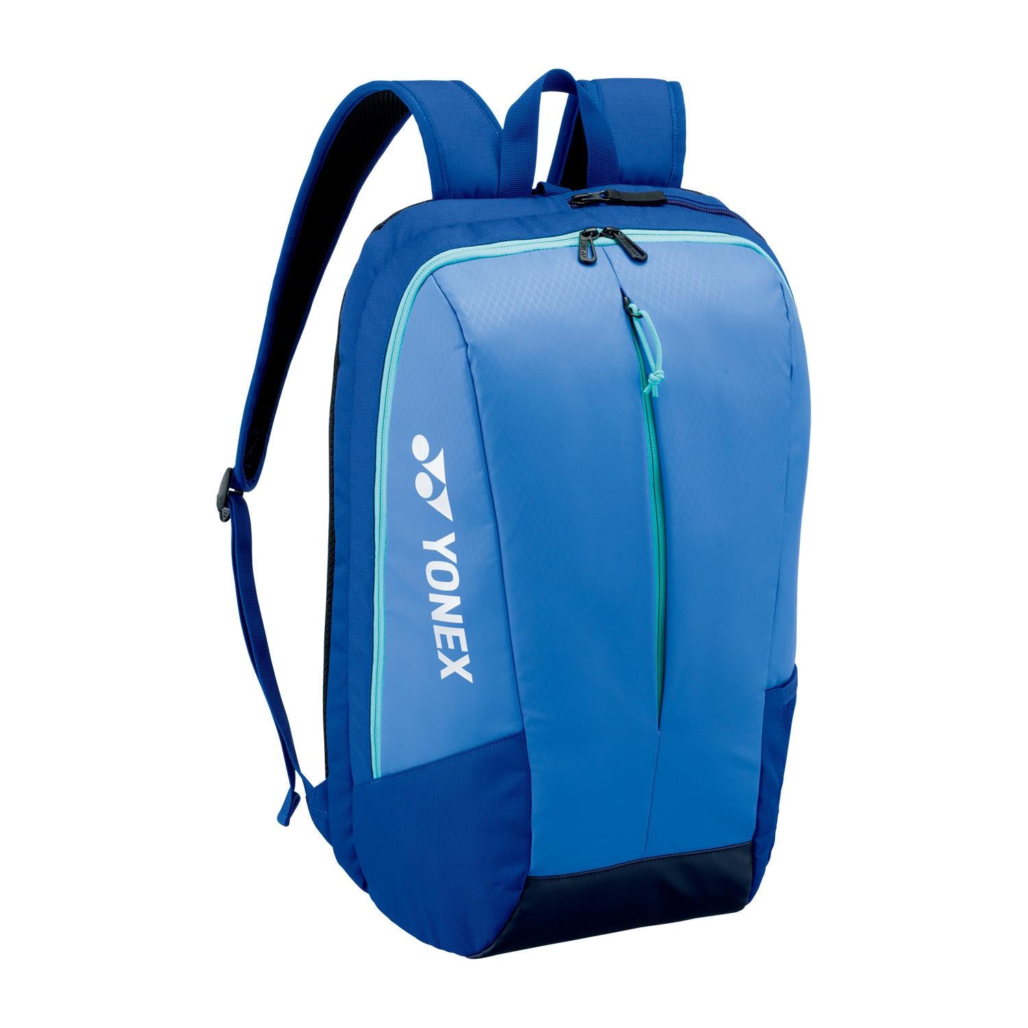 The Yonex 42512EX Team Padel Backpack in Blast Blue is perfect for racket sports, featuring YKK zippers, a front zip pocket, adjustable shoulder straps with the white Yonex logo on the side, and offers a sleek modern design suitable for both sports and casual use.