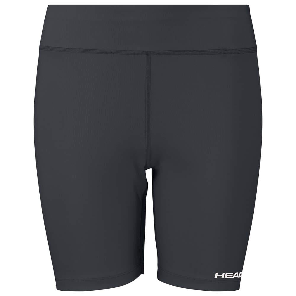 The HEAD Vision Women's Short Tights in black boast a high waistband and prominently display the "HEAD" logo in white on the lower right leg. Equipped with Moisture Transfer Microfiber technology, these stylish tights are ideal for sports or fitness activities, combining both style and functionality.