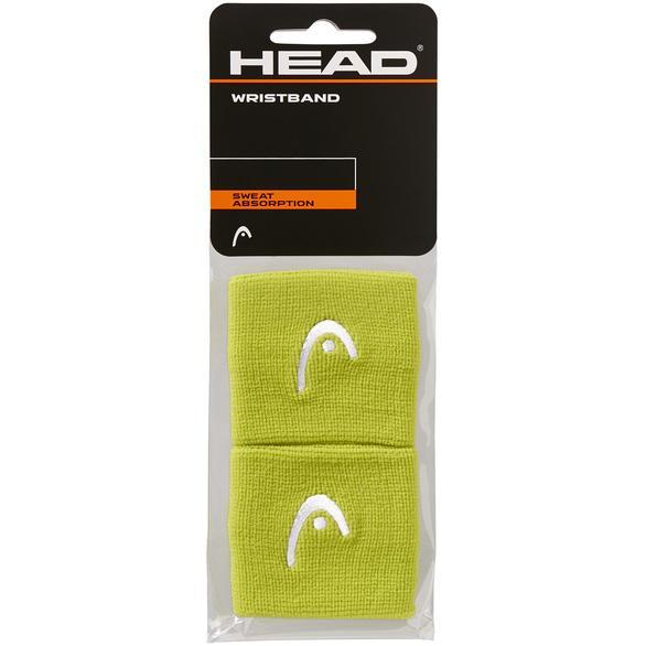 The HEAD 2.5" Padel Wristband in lime is packaged to emphasize its sweat absorption capabilities and prominently features the brand's logo. Crafted from a blend of nylon and elastane, this wristband offers comfort and durability for your game.