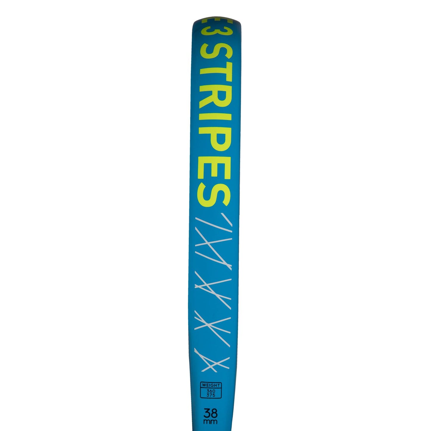 A blue racket from adidas, the ADIDAS Drive 3.3 Padel Racket, prominently displays "STRIPES" in bold yellow letters and a subtle "3" above it, featuring stylized white stripe-like markings. It is crafted for beginner-friendly play with Soft Performance EVA and includes a "38 mm" detail near the handle to improve grip.