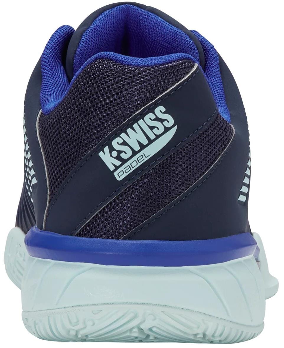A close-up rear view of the K-Swiss Express Light 3 Mens Padel Shoes in Naval Academy/Ice Castle/Dazzling Blue showcases the K-Swiss branding, textured heel, blue collar, and cushioned sole—ideal for comfort on the padel court.
