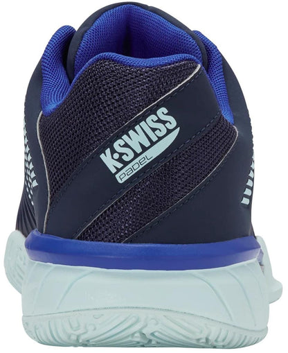 A close-up rear view of the K-Swiss Express Light 3 Mens Padel Shoes in Naval Academy/Ice Castle/Dazzling Blue showcases the K-Swiss branding, textured heel, blue collar, and cushioned sole—ideal for comfort on the padel court.