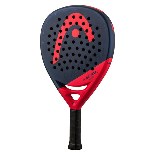 The HEAD Radical Motion 2024 Padel Racket features an eye-catching navy design, with a perforated, teardrop-shaped head enhanced by Auxetic technology. Its handle is wrapped in black grip tape for added comfort and control, while the brand logo and "Radical" are prominently displayed on its face for style and precision with every swing.