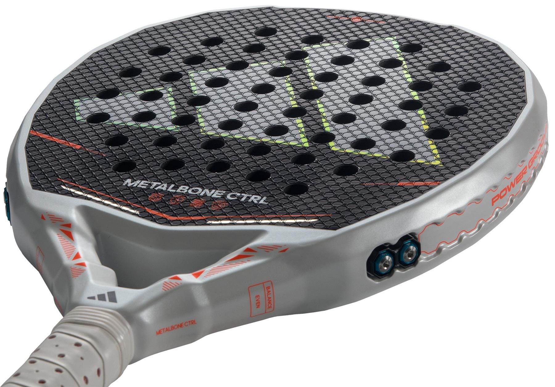 Close-up of the adidas ADIDAS Metalbone Ctrl 2026 Padel Racket - Black, showcasing its perforated, textured face, adjustable weight system, and white grip with orange accents.