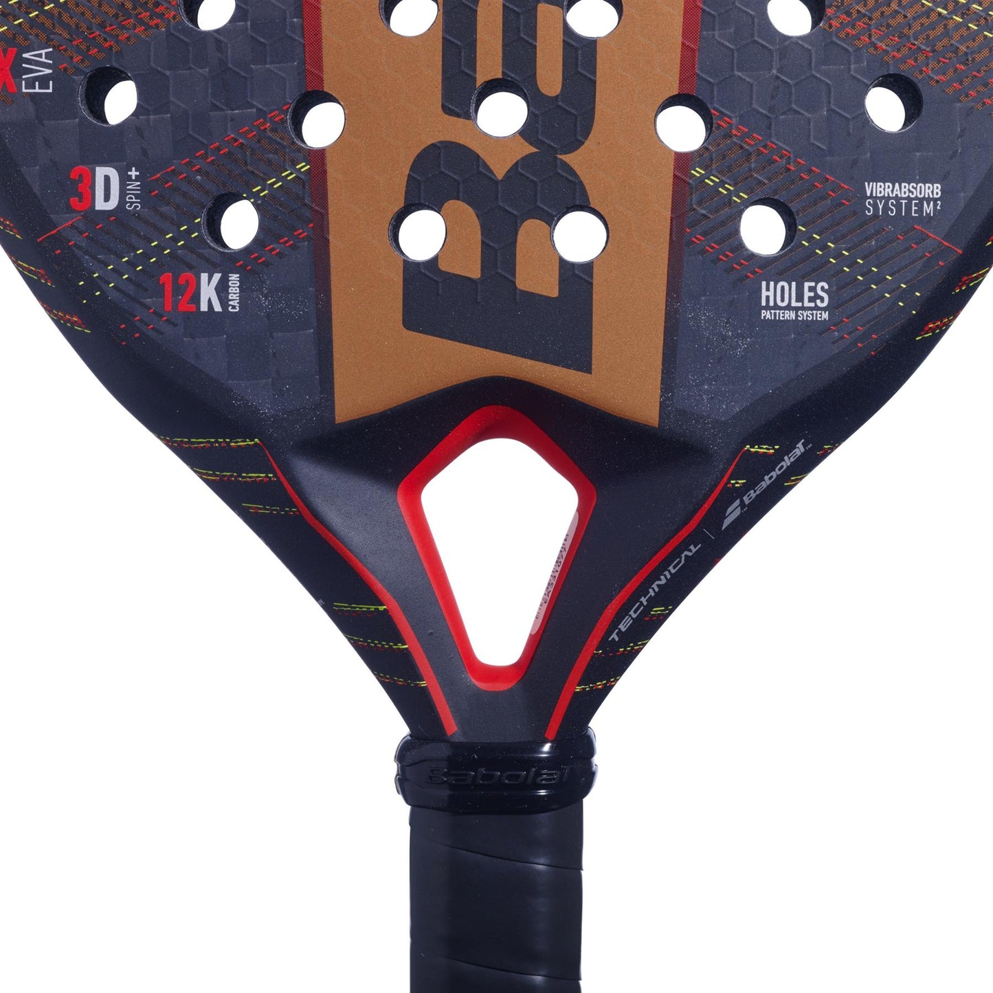 The Babolat Technical Viper Padel Racket in copper and black boasts a close-up view, highlighting its striking design. The racket's face features "3D Spin" and "Vibrabsorb System" inscriptions, ensuring exceptional power and vibration dampening. Its sleek black handle is equipped with premium grip tape for enhanced playability.