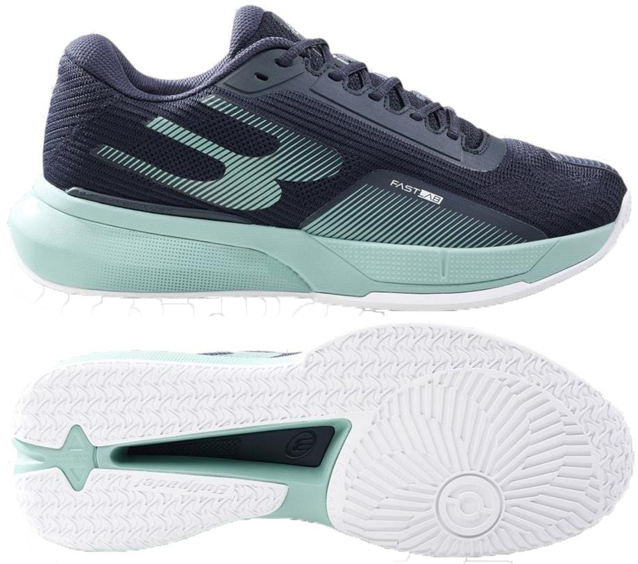 The Bullpadel Neuron 26V Mens Padel Shoes in navy are shown side and bottom view to highlight their design and white tread pattern, making them ideal for advanced players. Brand: Bullpadel.