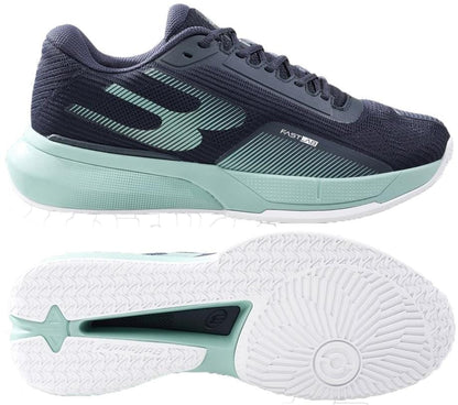 The Bullpadel Neuron 26V Mens Padel Shoes in navy are shown side and bottom view to highlight their design and white tread pattern, making them ideal for advanced players. Brand: Bullpadel.