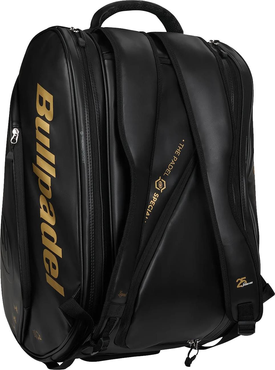 The Bullpadel BPP26006 Flow 2026 Padel Racket Bag in black with gold lettering features multiple zippered and thermal racket compartments plus padded shoulder straps, shown here on a white background.