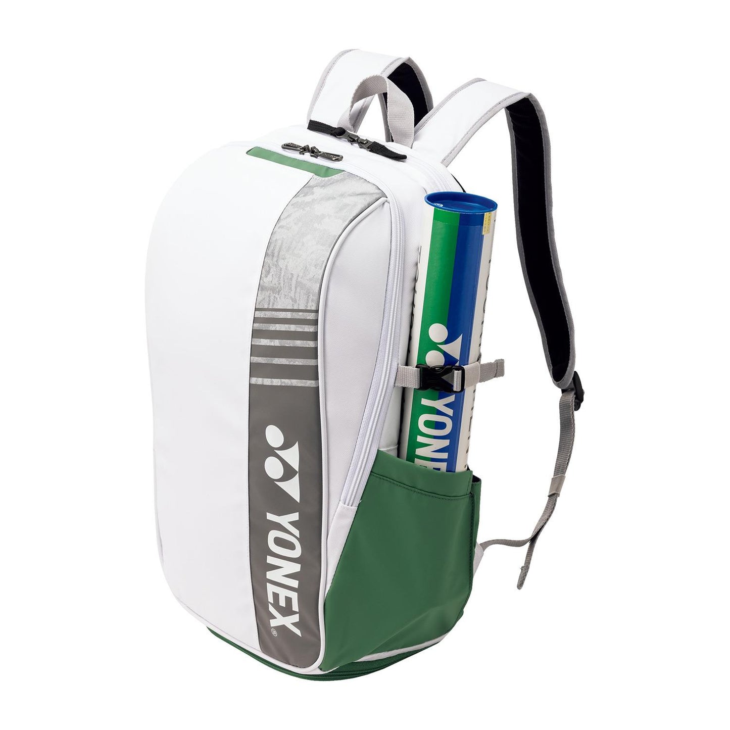 The Yonex 52512EX Club Padel Backpack - White features a green base and side pocket, made of durable polyester. The gray logo is prominent, and it holds a tube of shuttlecocks on the side. Adjustable shoulder straps ensure comfort.